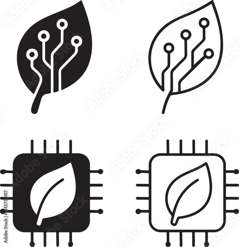Isolated Echo Leaf Icon Set, Echo Leaf Circuit System Style Icon, Echo Leaf Digital Circuit Symbol Icon, Black Circuit Style Abstract Tech Icon, Minimal Circuit Paths Vector