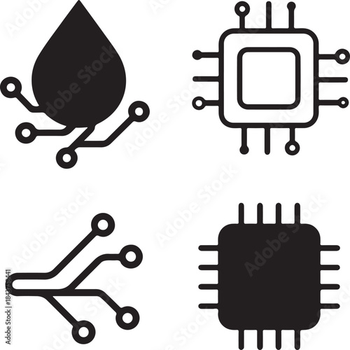 Isolated Flowstone Mark Icon Set, Flowstone Mark Circuit System Style Icon, Flowstone Mark Digital Circuit Symbol Icon, Black Circuit Style Abstract Tech Icon, Minimal Circuit Paths Vector