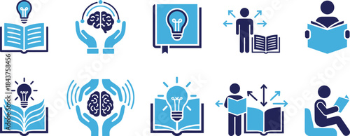 Educational icons with books, brain, lightbulb, reading, learning, knowledge sharing, cognitive development, inspiration, study, vector illustration