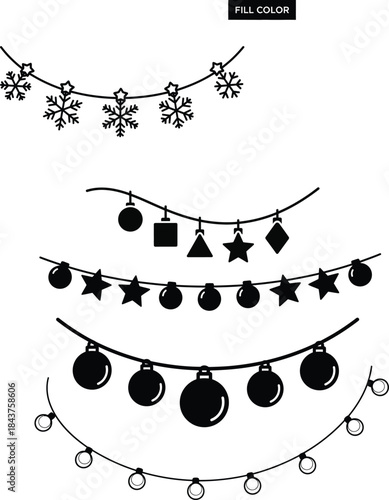 Black and white illustration of festive holiday garlands with various shapes