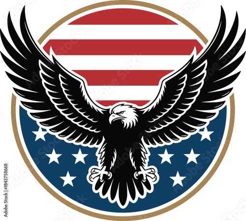 Patriotic Bald Eagle Emblem with American Flag Shield Vector Illustration