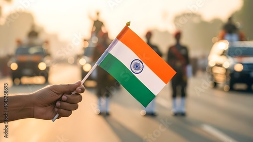 Fototapeta Naklejka Na Ścianę i Meble -  Indian Flag Hand Held Parade Route Republic Day Sunset