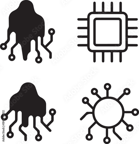 Isolated Flowstone Mark Icon Set, Flowstone Mark Circuit System Style Icon, Flowstone Mark Digital Circuit Symbol Icon, Black Circuit Style Abstract Tech Icon, Minimal Circuit Paths Vector