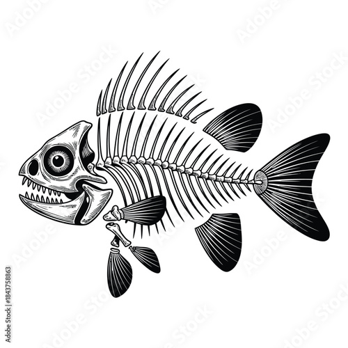 Detailed illustration of a fish skeleton showcasing bony structure and fins