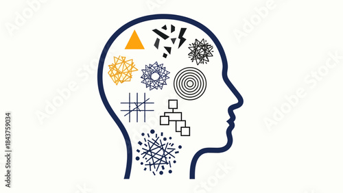 Abstract Representation of the Human Mind's Complex Processes, Illustrating Creativity, Diverse Thoughts, and Innovative Ideas with Various Shapes and Patterns in a Profile Silhouette