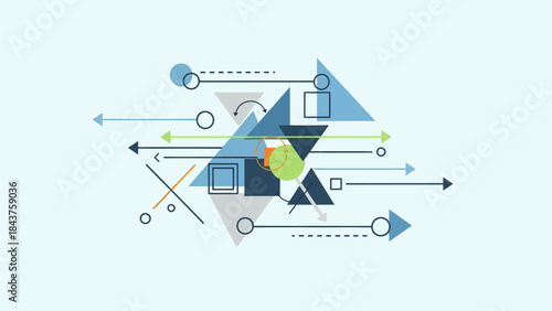 Abstract shapes and symbols floating around a person interacting with technology