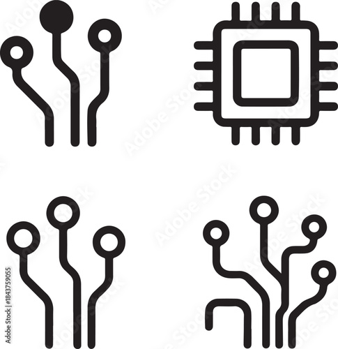 Isolated Pixel Harmony Icon Set, Pixel Harmony Circuit System Style Icon, Pixel Harmony Digital Circuit Symbol Icon, Black Circuit Style Abstract Tech Icon, Minimal Circuit Paths Vector