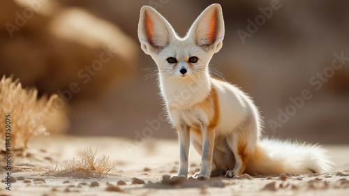 Adorable fennec fox with large ears standing on sandy desert background, wildlife photography capturing cute animal and natural habitat in soft sunlight.