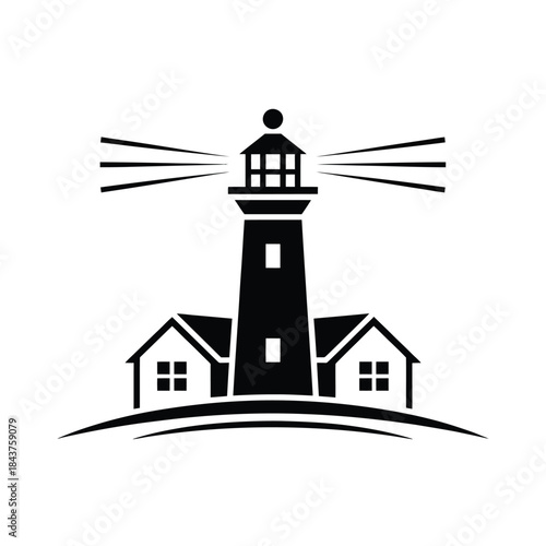 A simple black and white illustration of a lighthouse and houses