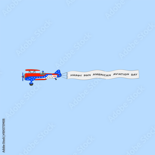 Airplane flying in the blue sky pulling a banner, happy Pan American Aviation Day vector illustration design. An acrobatic airplane digital hand-drawn art. Perfect for posters, articles.