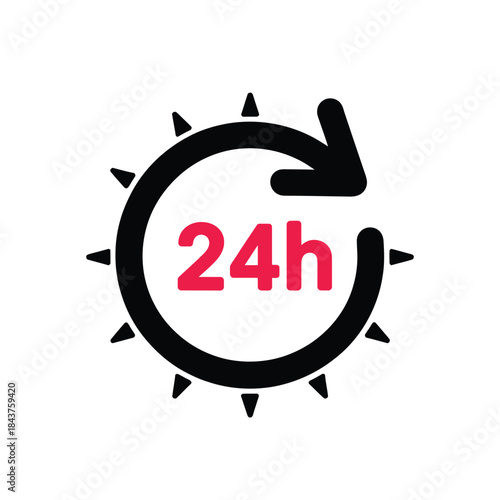 A circular icon displaying twenty four hours with a clockwise arrow design