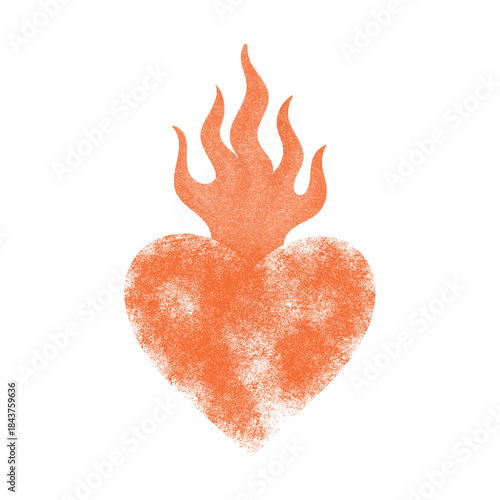 Expressive orange flaming heart with strong grain and print texture. Visual metaphor of burning emotions, desire and intensity, ideal for artistic posters, music covers and conceptual projecs