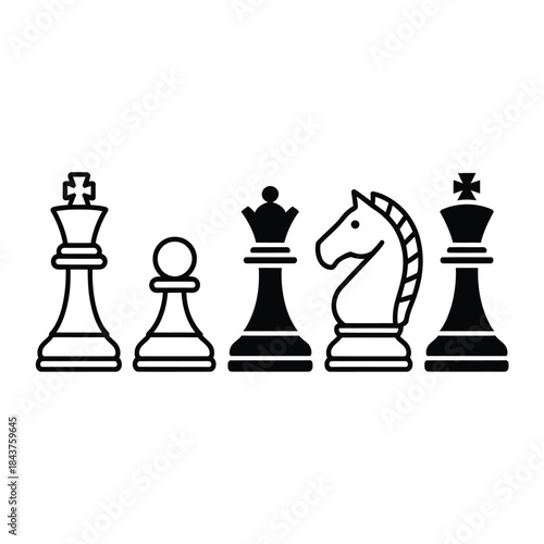 A simple arrangement of black and white chess pieces in a row