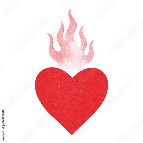 Bold red flaming heart with layered handcrafted texture and soft grain. Strong symbol of love and passion for Valentine campaigns, posters, covers, branding and emotional editorial design