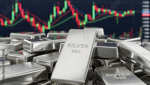 Silver bars with stock market chart in the background