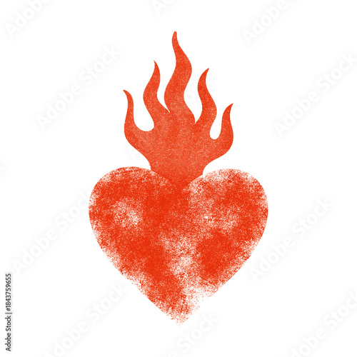 Red flaming heart with strong grain and print texture. Visual metaphor of burning emotions, desire and intensity, ideal for digital projects, Valentine's day design