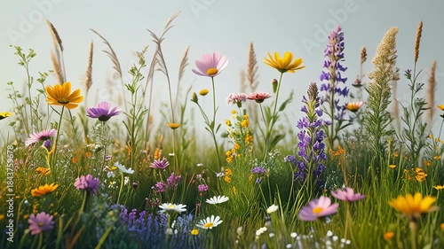 A vibrant meadow teems with an array of colorful wildflowers. Blades of grass and seed heads add texture against a soft background
