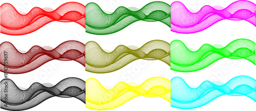 A grid of nine abstract wavy lines in various colors including red, green, magenta, maroon, olive, lime green, black, yellow, and cyan on a white background, creating a flowing, ethereal design.