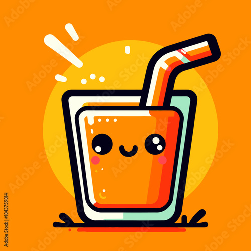 A cute cartoon glass of orange juice with a straw and smiling face on an orange background
