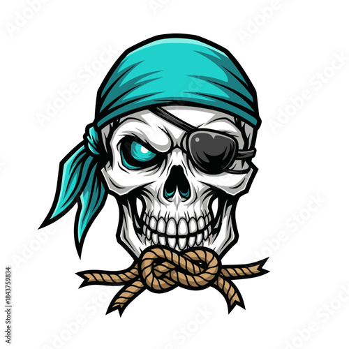 Menacing skull with pirate eye patch and blue bandana emphasizing danger and