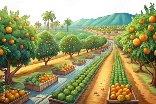 Florida citrus farmland features organized tree groves, sandy soil, and subtropical agricultural conditions supporting large-scale orange and fruit production