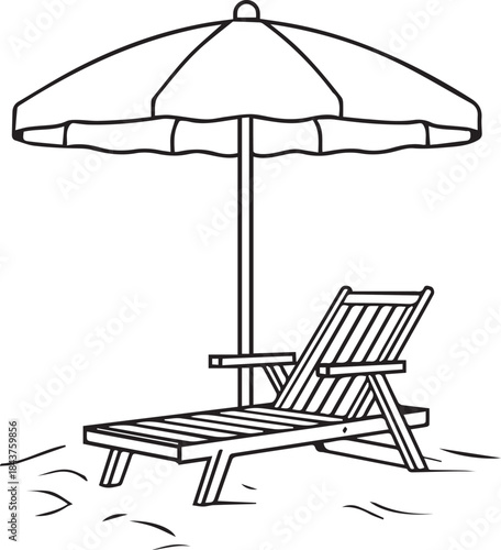 Create a solid black silhouette of a beach scene featuring a reclining lounge chair with armrests positioned under a large, open beach umbrella with scalloped edges and a visible suppor
