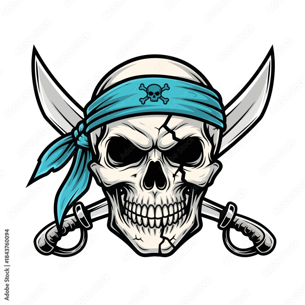 Fototapeta premium menacing pirate skull illustration with crossed swords and nautical bandana
