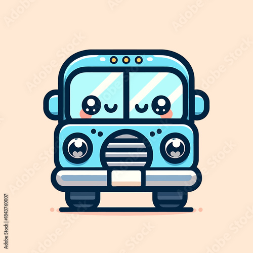 An illustration of a cheerful blue bus with smiling eyes on a plain background.