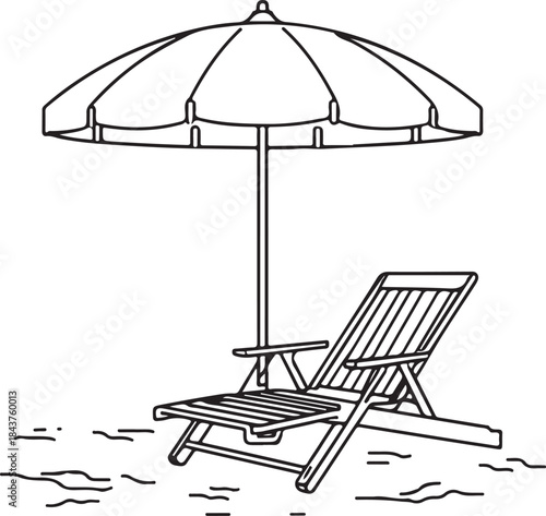 Create a solid black silhouette of a beach scene featuring a reclining lounge chair with armrests positioned under a large, open beach umbrella with scalloped edges and a visible support .
