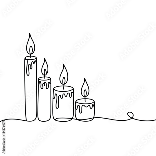 Minimalist line drawing of a group of lit candles in black and white