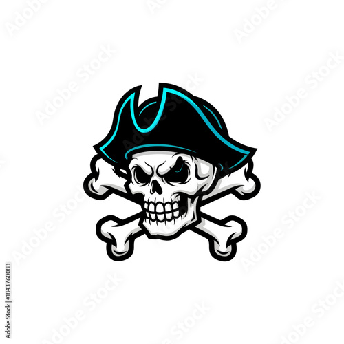 Stylized skull with pirate hat and crossed bones in a modern animated design