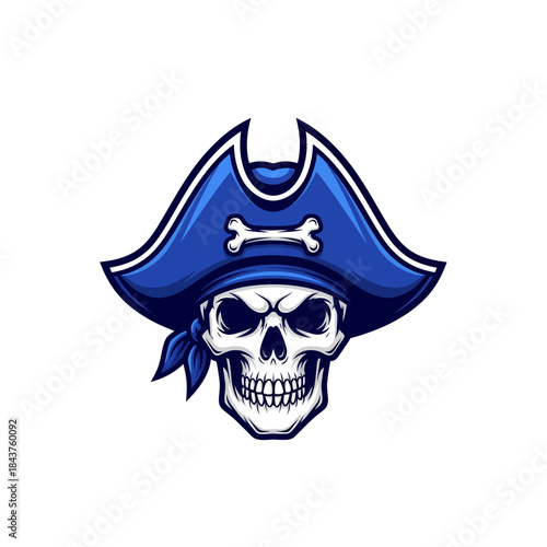 dynamic illustration of a fierce skull pirate with a blue tricorn hat