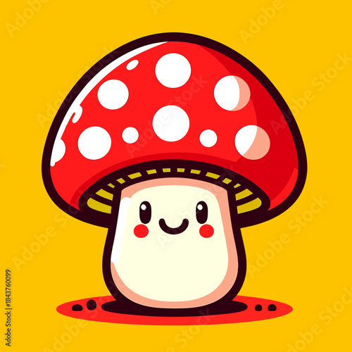 A cartoon mushroom with a smiling face and red cap sits on a yellow background happily.