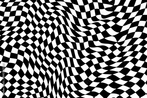 Trippy checkerboard background. Retro psychedelic checkered wallpaper. Wavy groovy chessboard surface. Distorted geometric pattern.