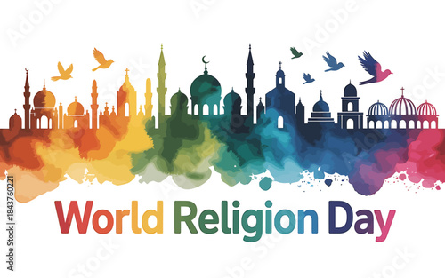 A vibrant illustration celebrating world religion day with diverse religious silhouettes and symbols of peace