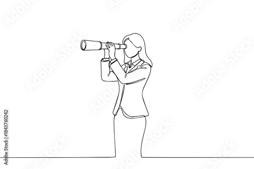 Businesswoman with briefcase and telescope. Strategic in looking for opportunity in business concept. Continuous line drawing.