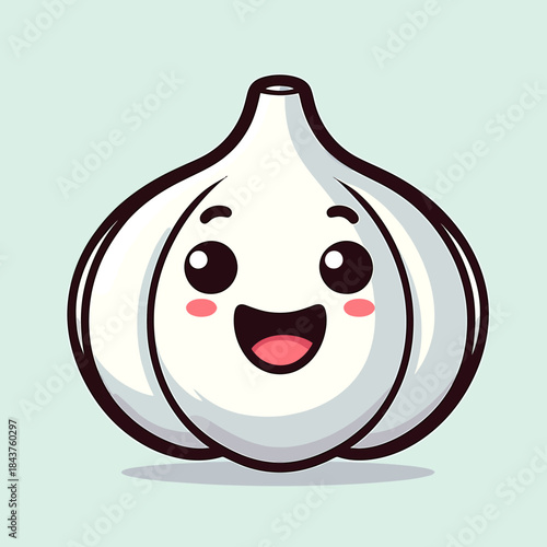 A cheerful cartoon garlic bulb with a smiling face and rosy cheeks is depicted.