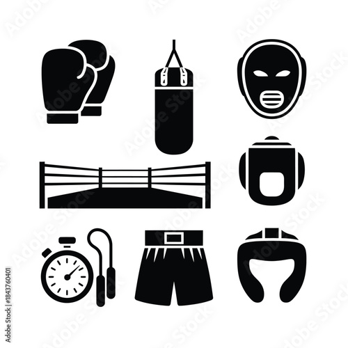 Boxing equipment icons gloves punching bag headgear and ring elements