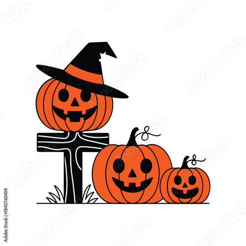 Halloween pumpkins with a witch s hat and scarecrow style presentation