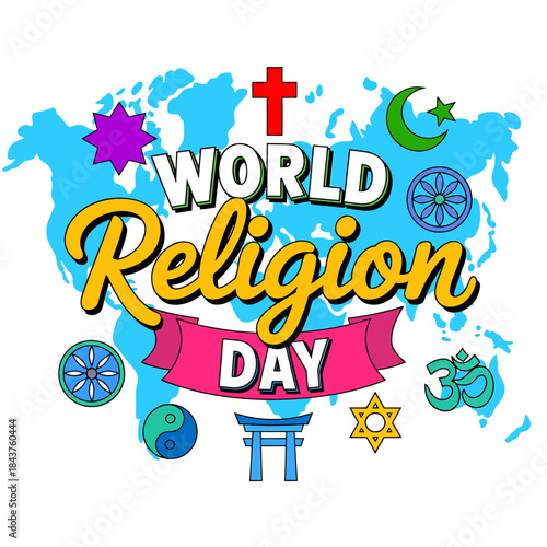 World religion day illustration featuring diverse religious symbols against a global map background, promoting unity and peace among different faiths