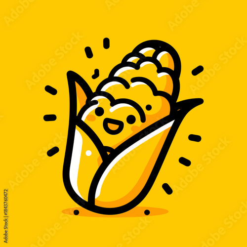 A cheerful cartoon ear of corn smiles on a bright yellow background with illustration.