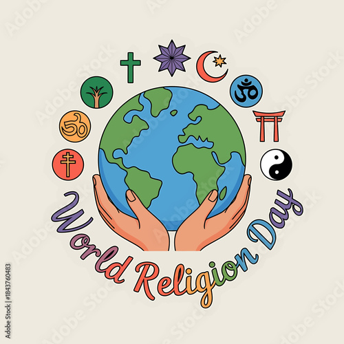 Hands holding the earth surrounded by various religious symbols for world religion day