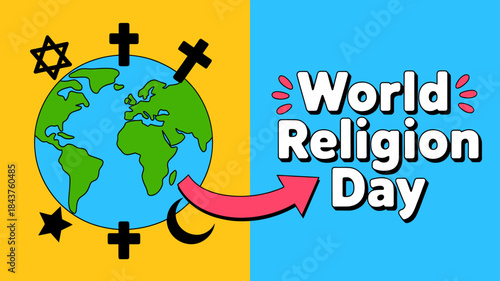 An illustration celebrating world religion day, showcasing diverse religious symbols surrounding a cartoon globe.