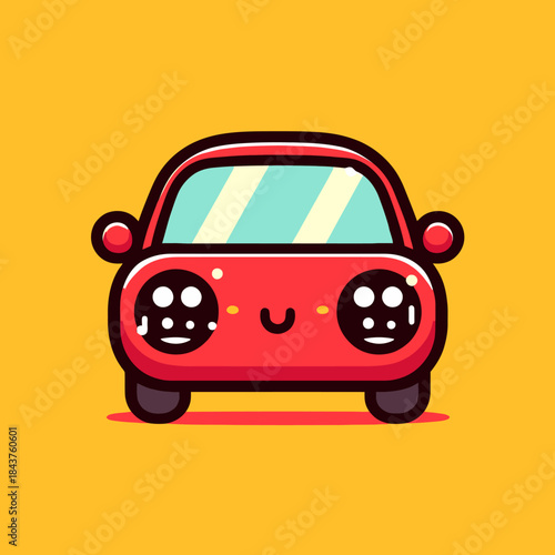 A cheerful red cartoon car smiles on a yellow background with graphic illustration.