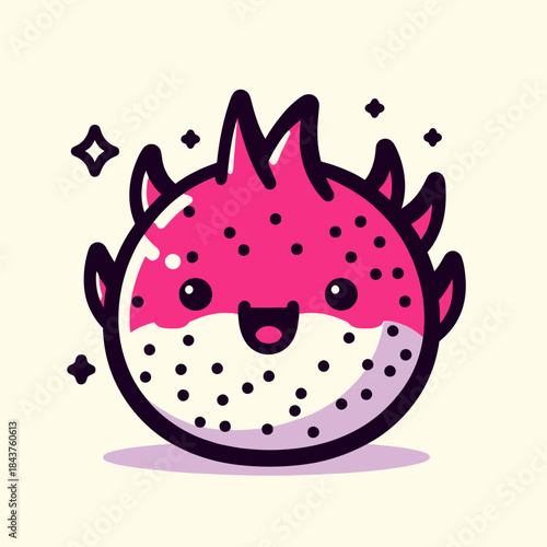 A cute cartoon creature with pink and white fur and black spots is smiling sweetly.