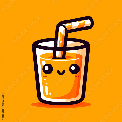 A cartoon glass of orange juice with a straw and a happy face on a yellow background.