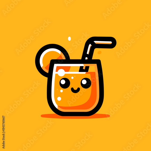 A cartoon orange drink with a straw and smiling face on a yellow background is shown.