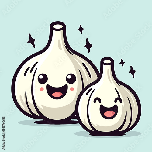 Illustration of cartoon garlic bulbs with smiling faces and sparkles, representing food and happiness in a graphic style