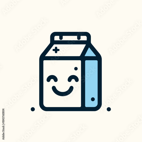 Illustration of smiling milk carton with blue cap and handle on white background