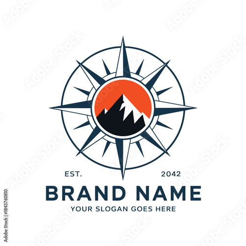 Compass logo with mountain silhouette and branding elements below it